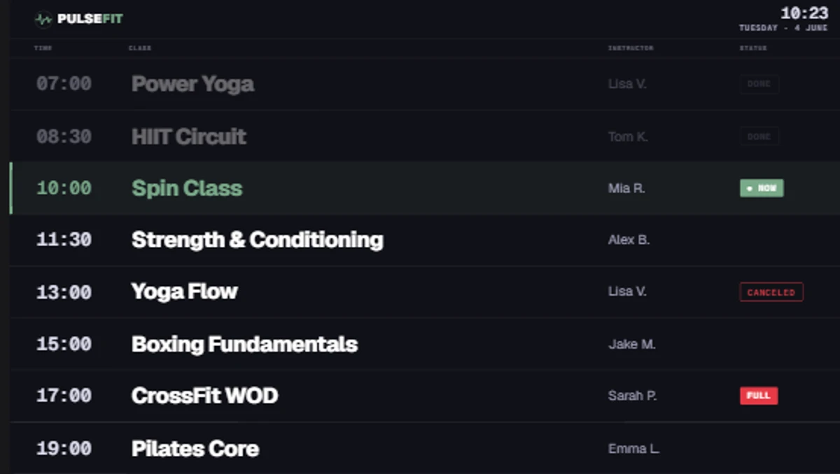 Branded fitness class schedule showing today's classes, start times, rooms and trainers on a studio screen